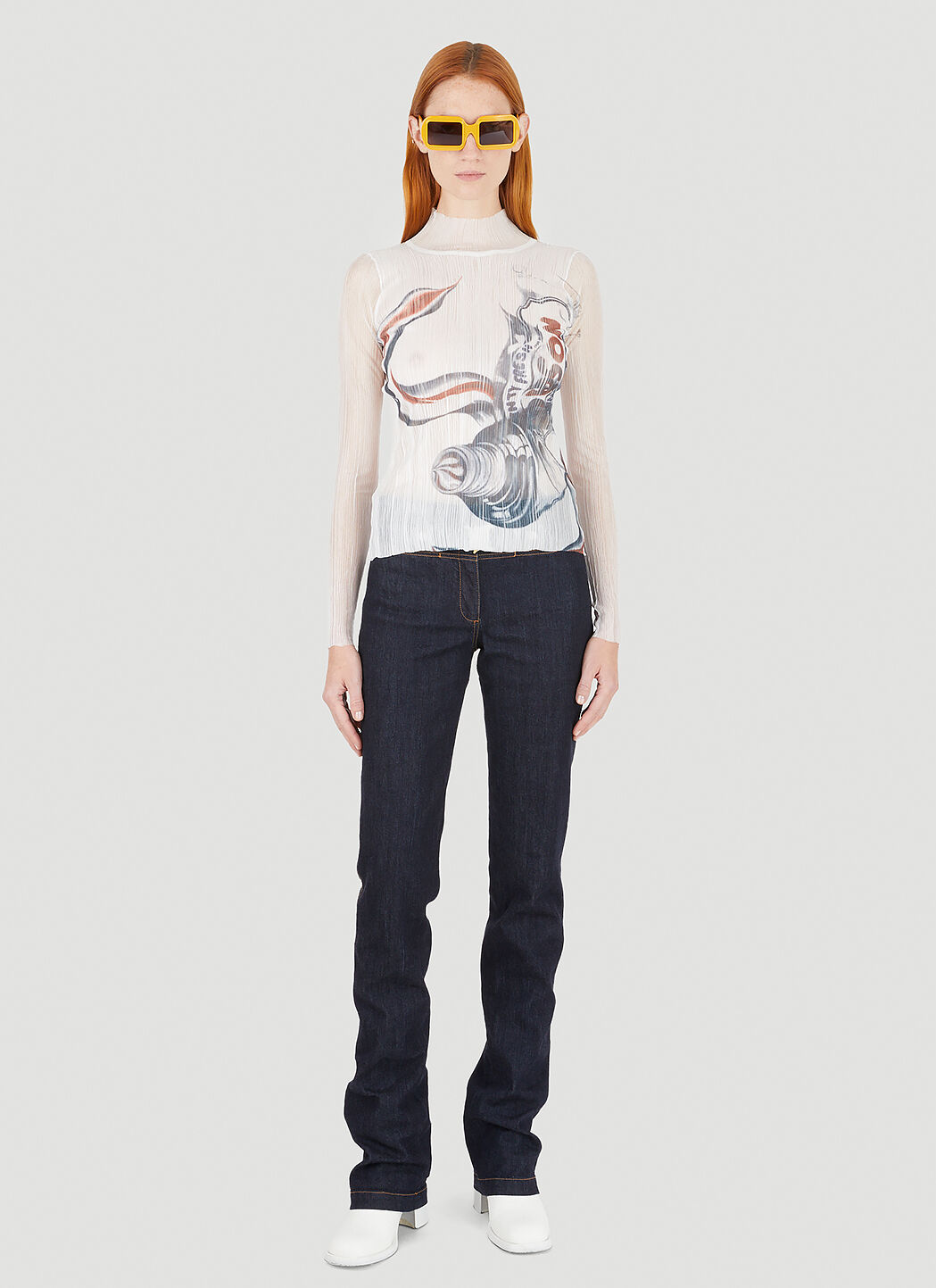 JW Anderson Sheer Pleated Print Top in White | LN-CC