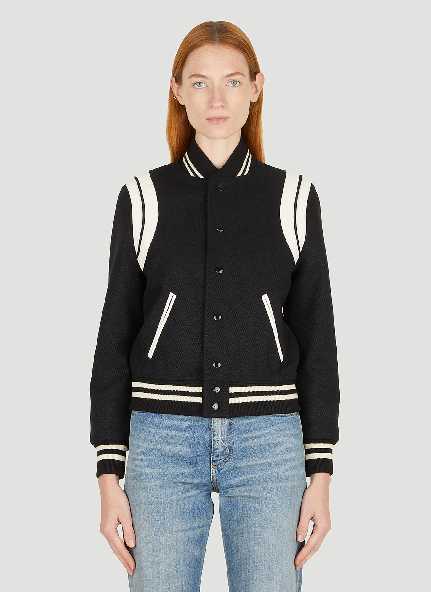 Saint Laurent Teddy Wool Jacket With Leather Profiles In Black