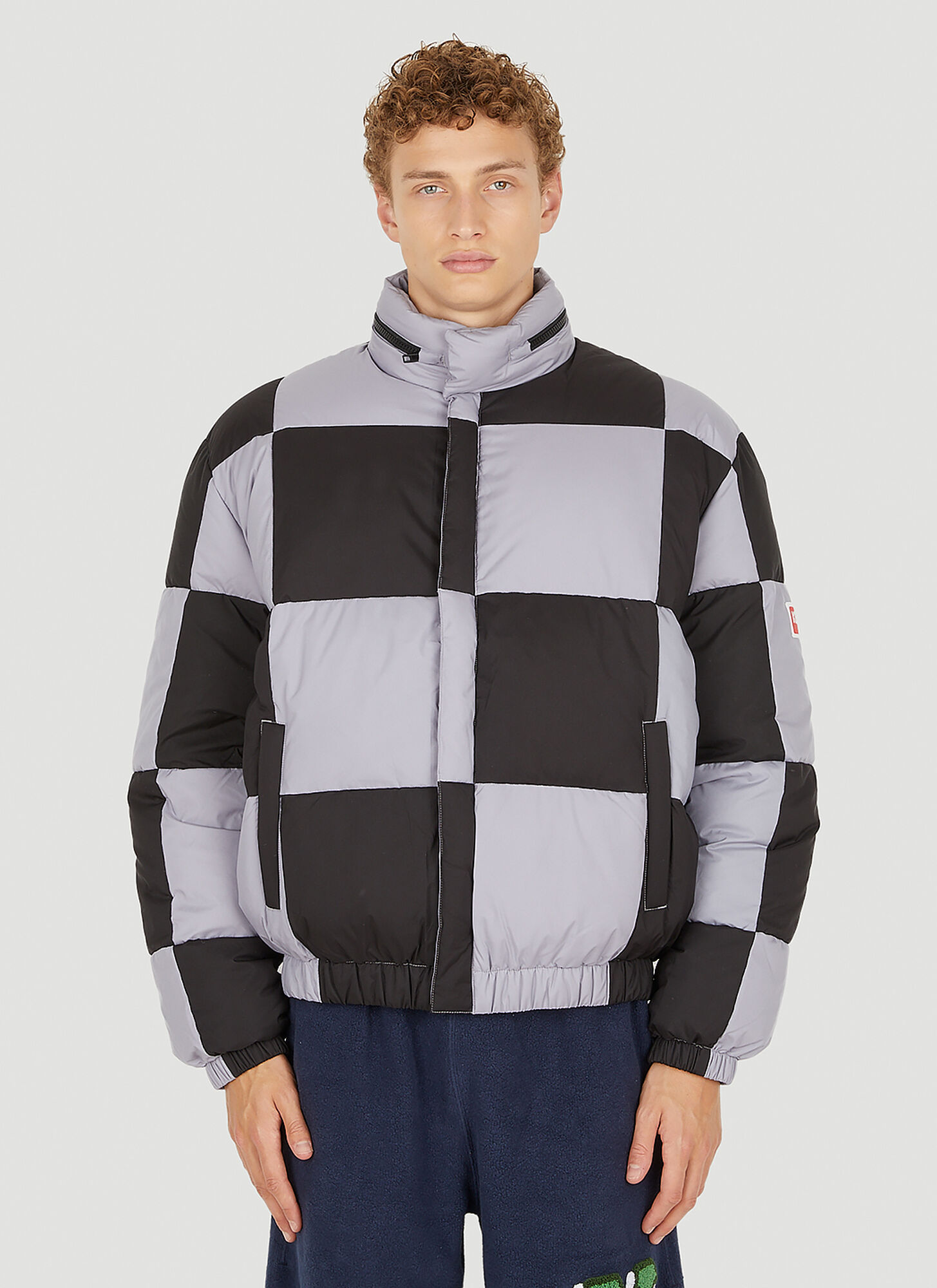 Shop Kenzo Check Puffer Jacket In Grey And Black