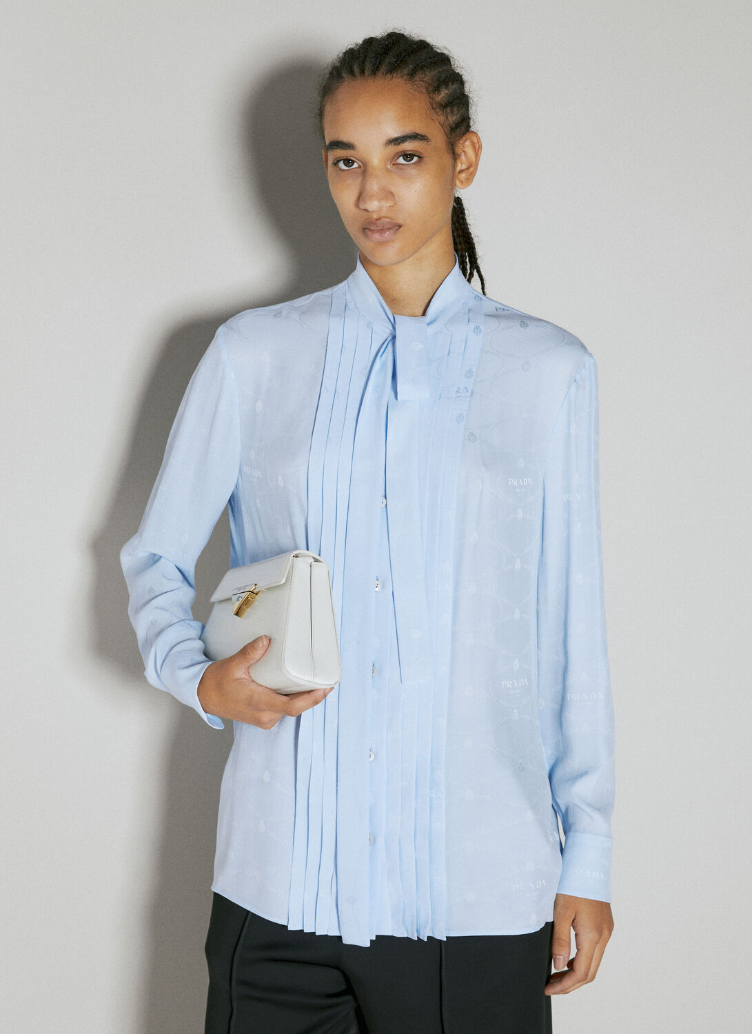 Shop Prada Logo Jacquard Silk Shirt In Blue