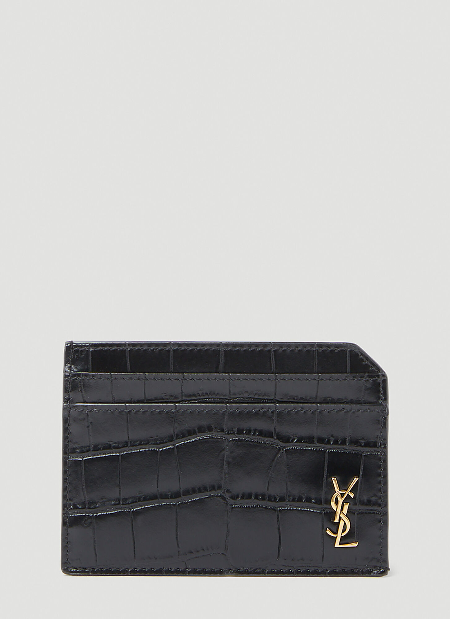 Shop Saint Laurent Croc Embossed Cardholder In Black