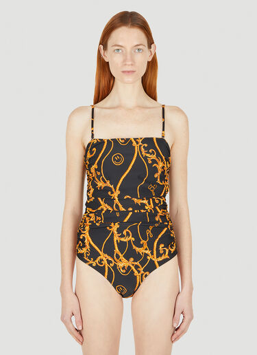 GANNI Ruched Abstract Print Swimsuit Black gan0247073