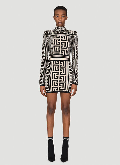 Balmain Monogram Knit Mini Dress Brown bln0254005