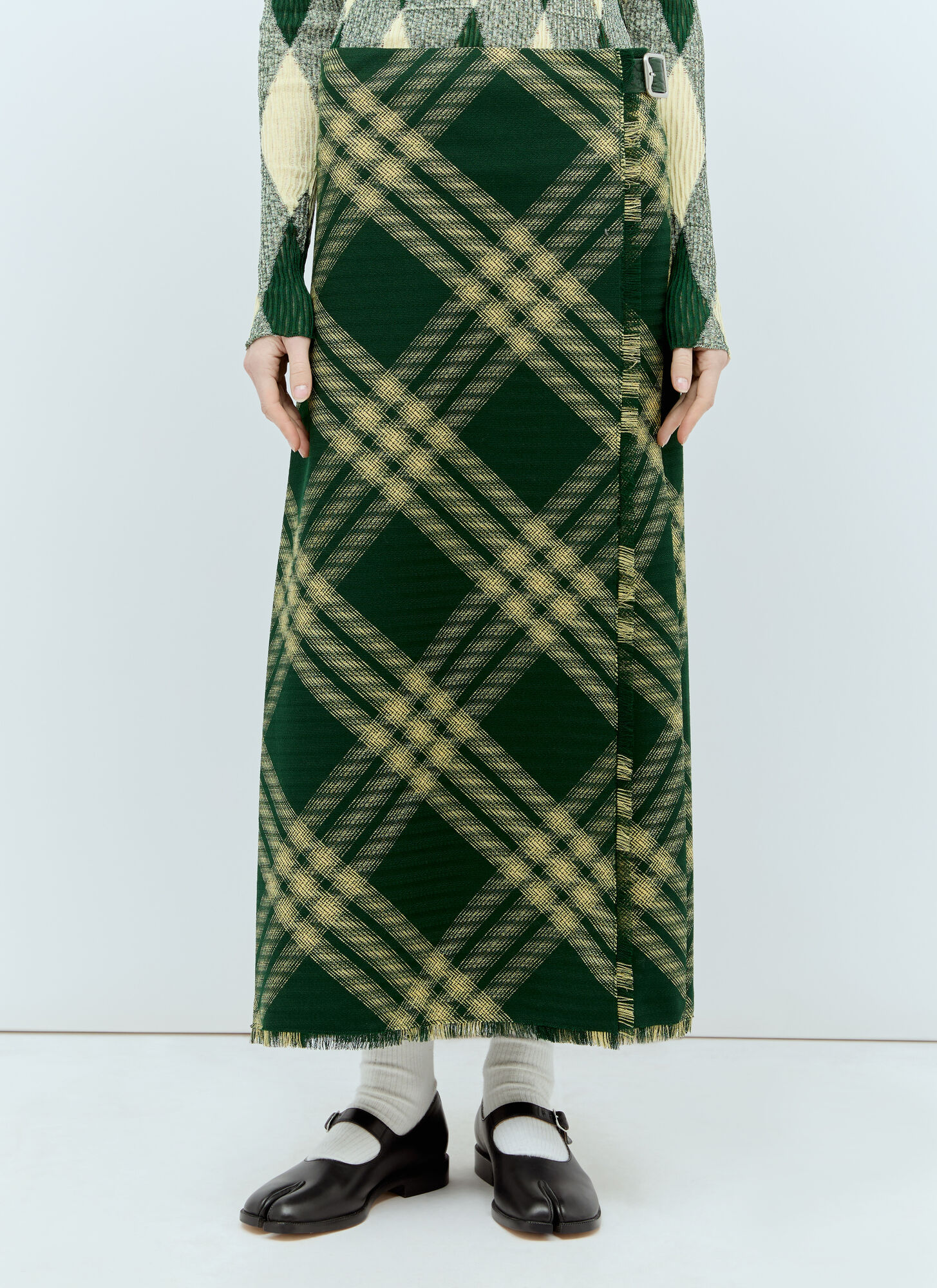 Shop Burberry Wool Check Midi Skirt In Green