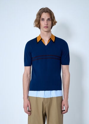 Dries Van Noten V-neck Contrast Collar Knit Polo Shirt Blue dvn0163025