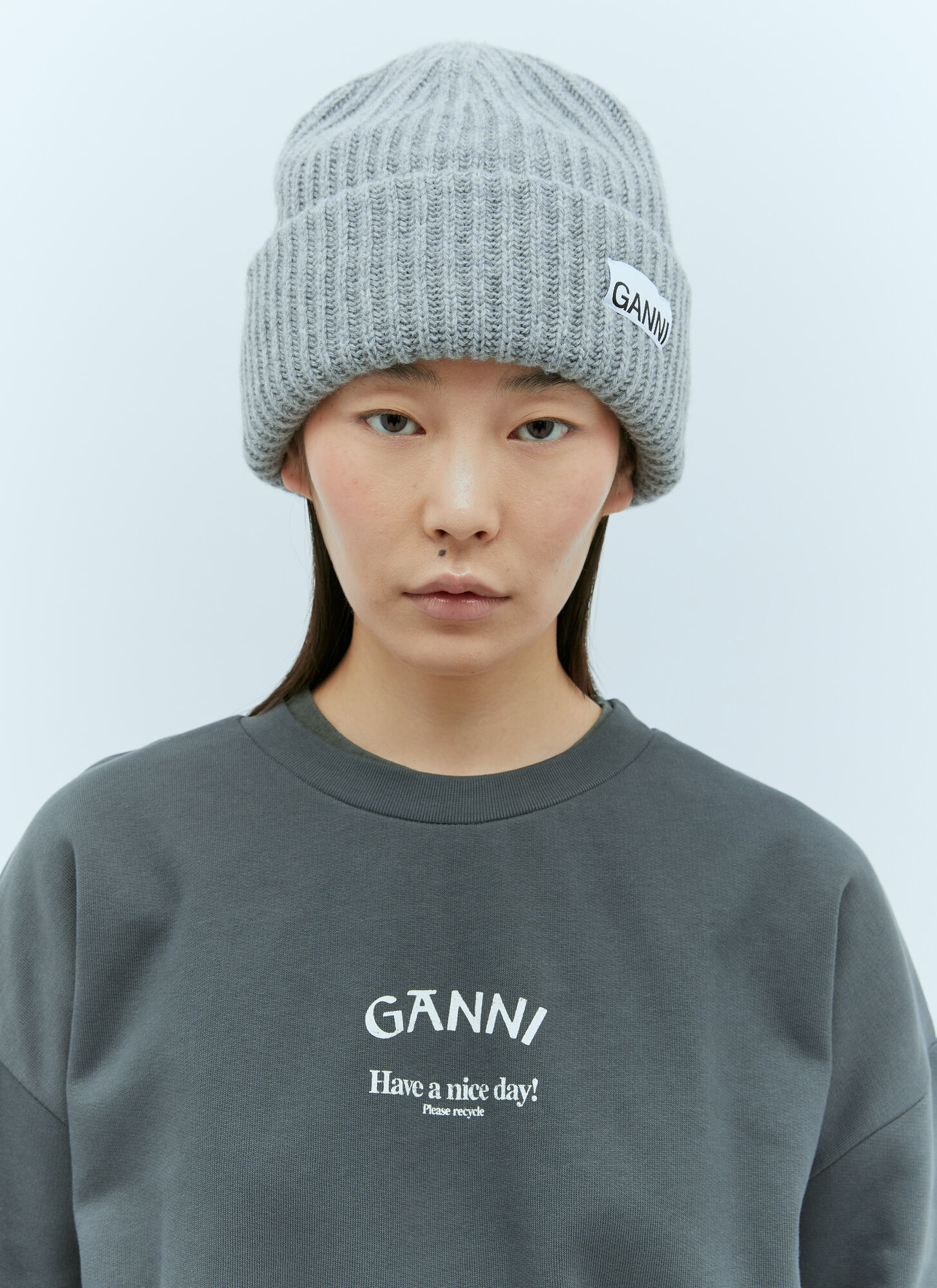 Shop Ganni Logo Patch Beanie Hat In Grey