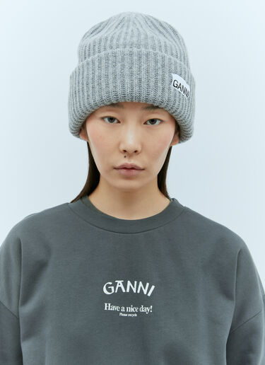 GANNI Logo Patch Beanie Hat Grey gan0255069