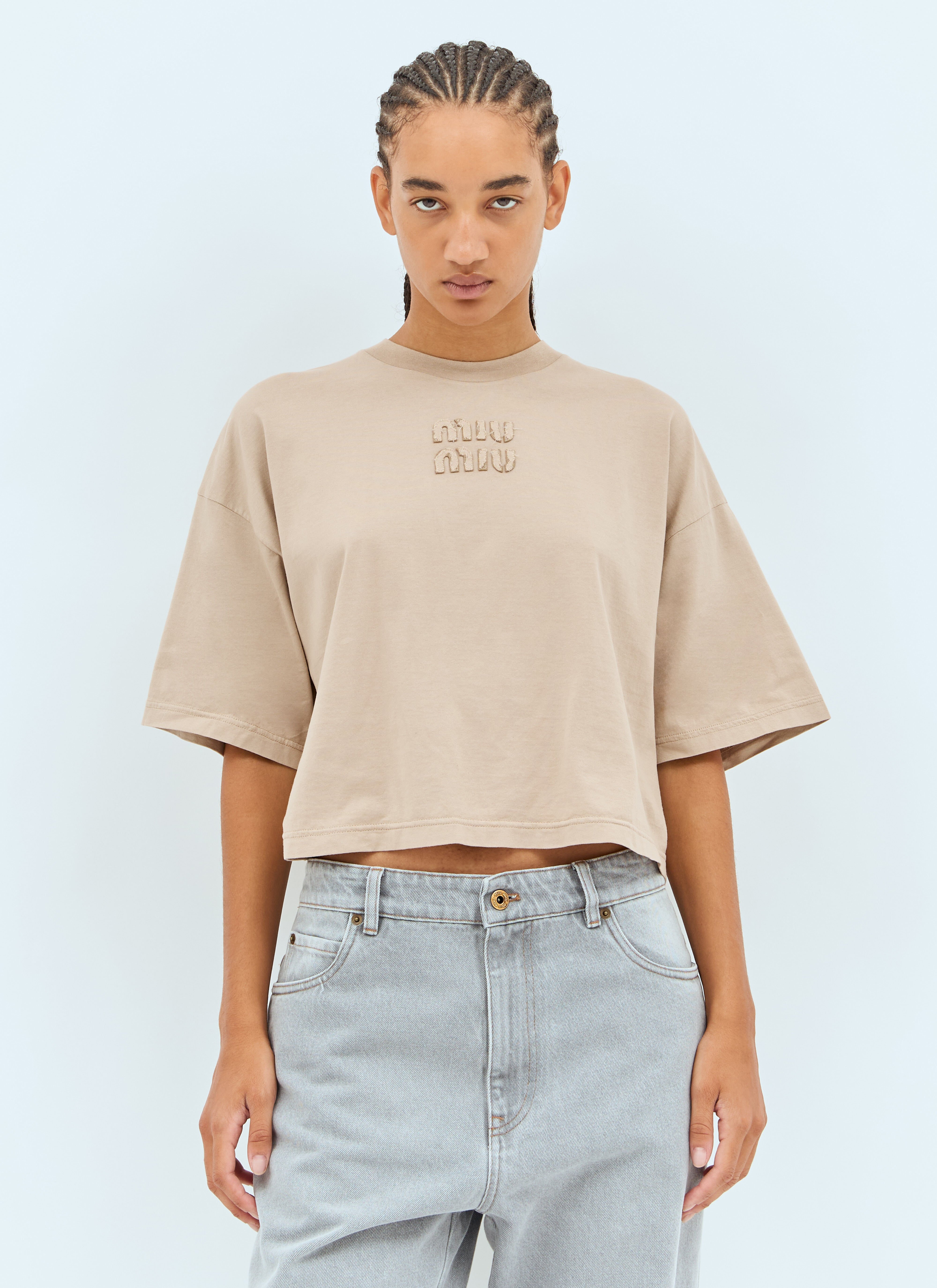 Miu Miu Women's' Logo Embossed T-Shirt in Beige | LN-CC®