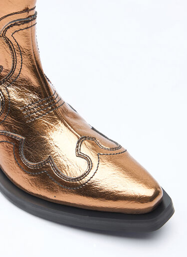 Ganni Mid Shaft Embroidered Metallic Western Boots Brown gan0258046