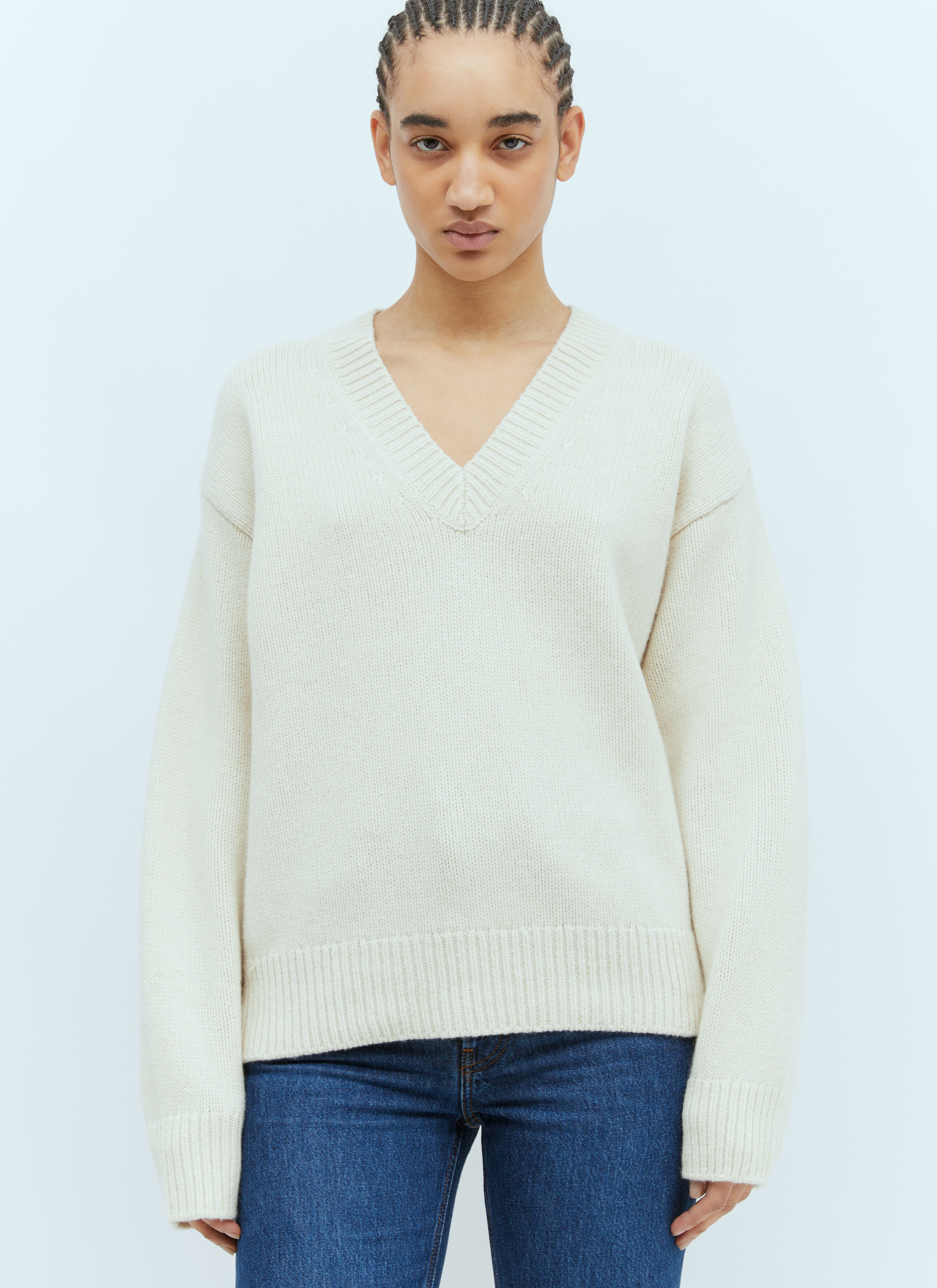 Gucci V Neck Wool-Cashmere Sweater Beige guc0255027