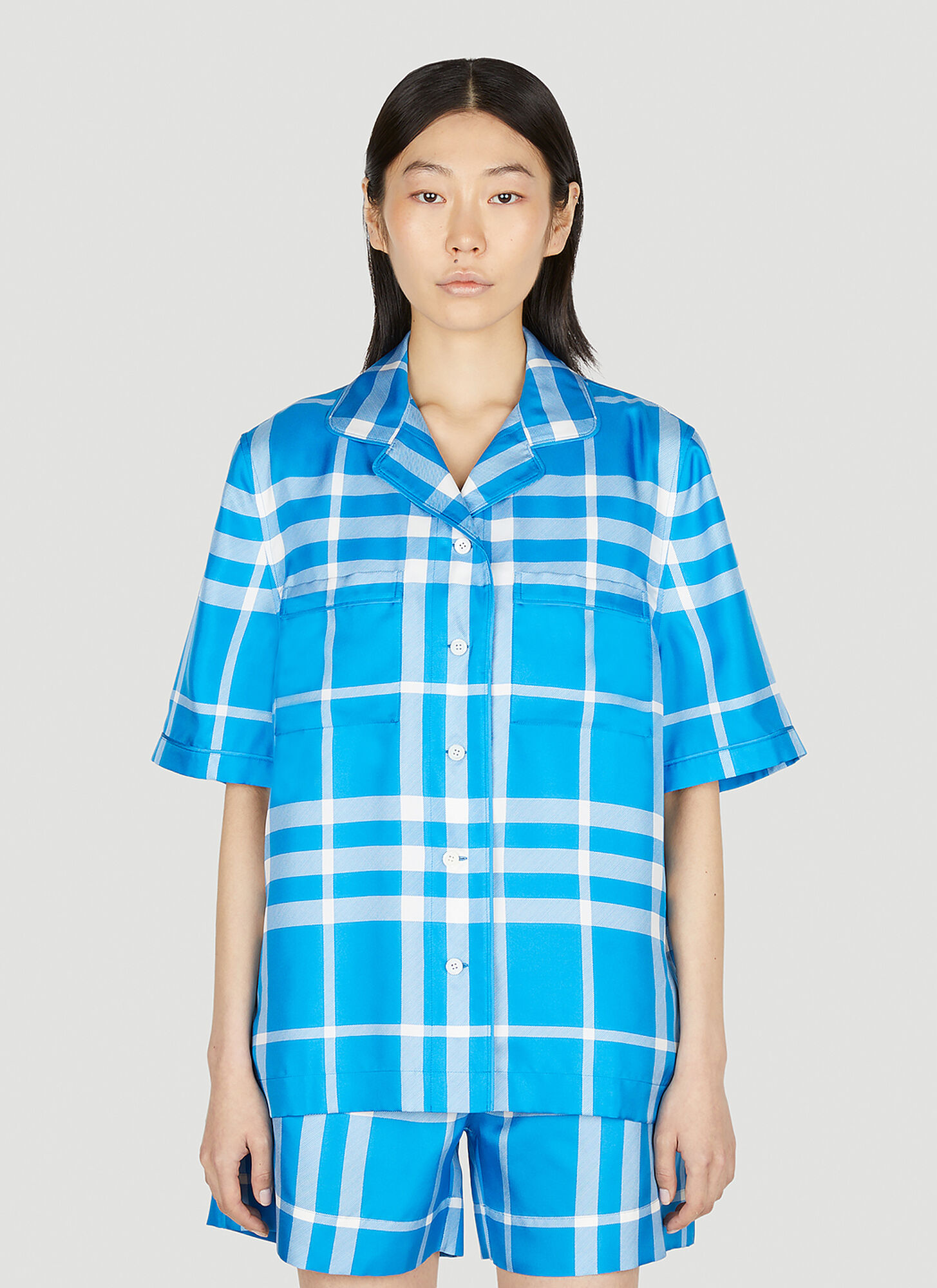 Burberry Tierney Check Short-sleeve Silk Pajama Shirt In Blue