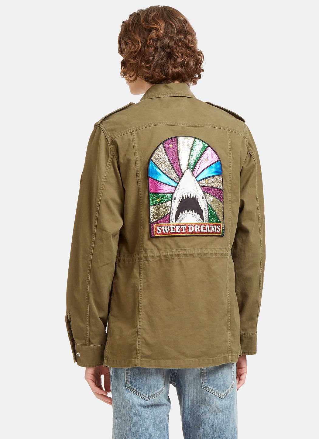 Saint Laurent Glittered Shark Embroidered Military Jacket in Khaki