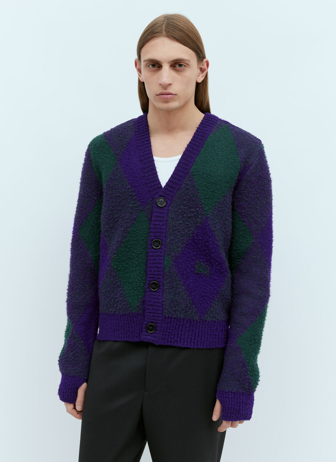 Shop Burberry Argyle Wool Cardigan In Purple