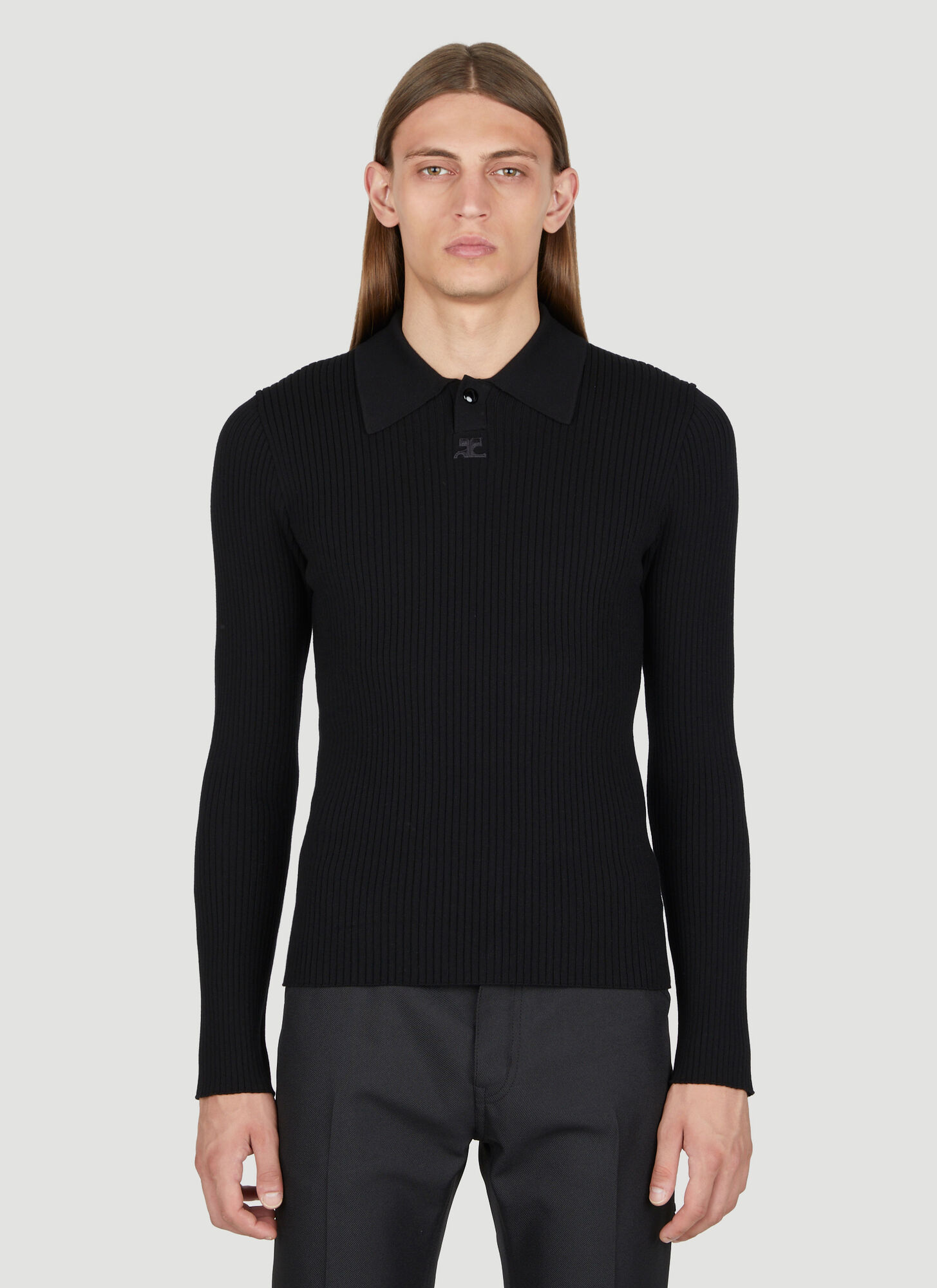 Shop Courrèges Snap Rib Knit Polo Sweater In Black