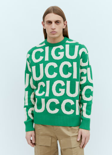 Gucci ロゴインターシャ入りウールセーター。 グリーン guc0155023