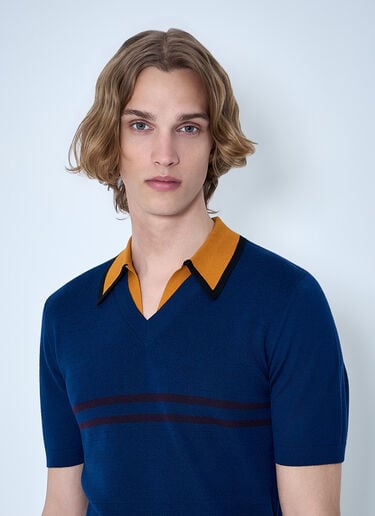 Dries Van Noten V-neck Contrast Collar Knit Polo Shirt Blue dvn0163025