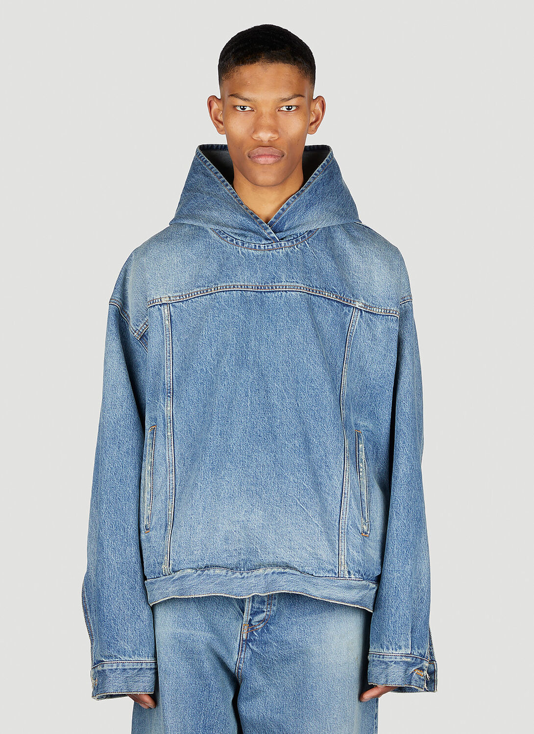 Shop Balenciaga Hooded Denim Jacket In Blue