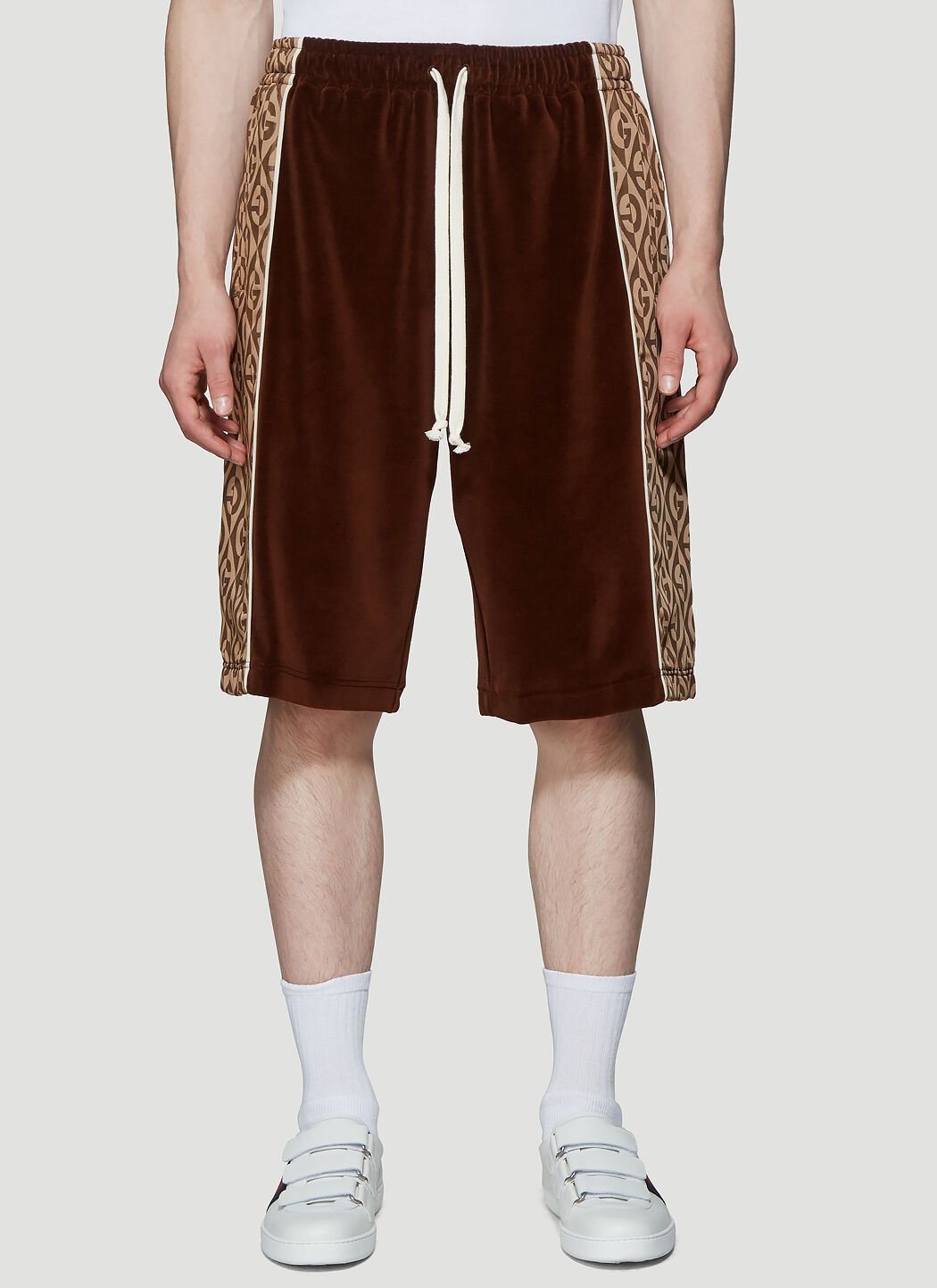 Gucci Rhombus Logo Jacquard Velour Shorts in Brown LN CC