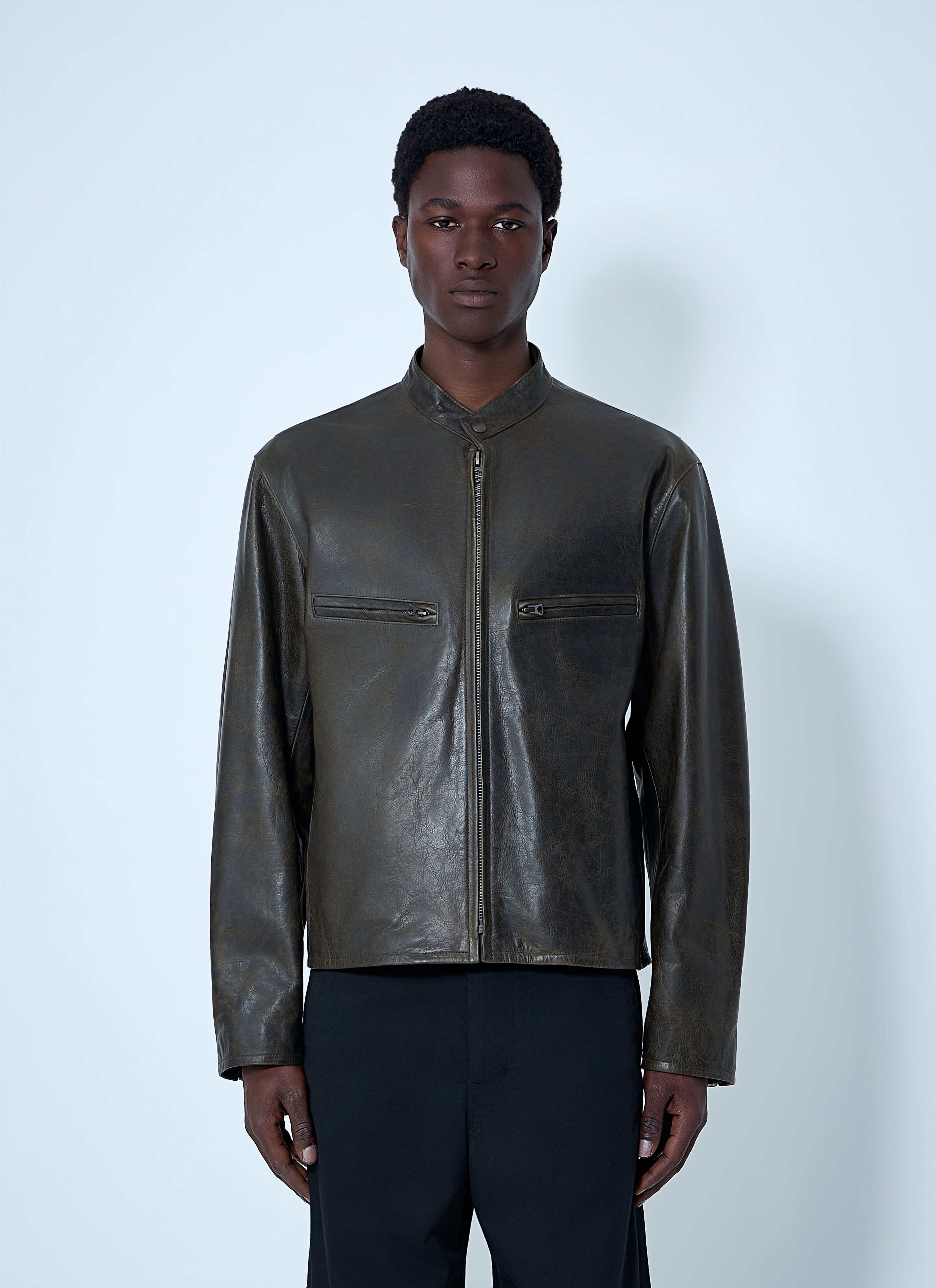 Lemaire Men's' Leather Zip Jacket in Dark Khaki | LN-CC®