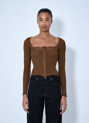 Saint Laurent Ribbed Lacy Button Up Top Light Brown sla0264037