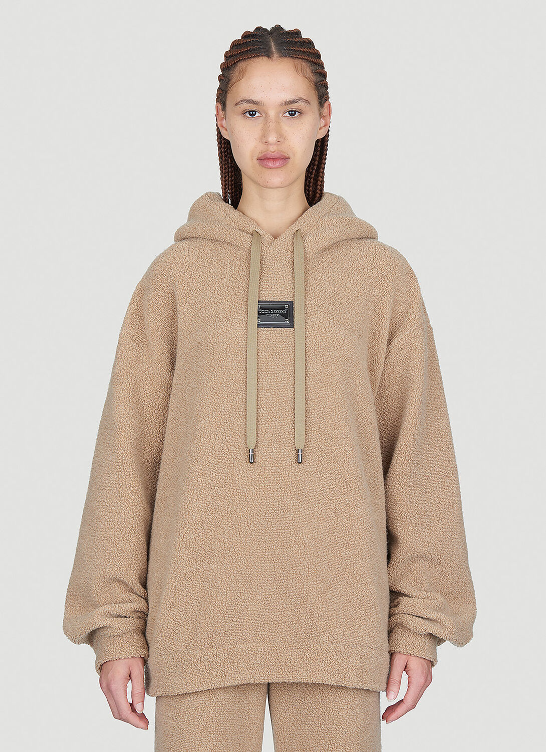 Shop Dolce & Gabbana Logo Plaque Hooded Sweatshirt In Beige