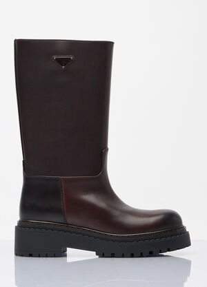 Prada Logo Plaque Leather Boots Brown pra0258035
