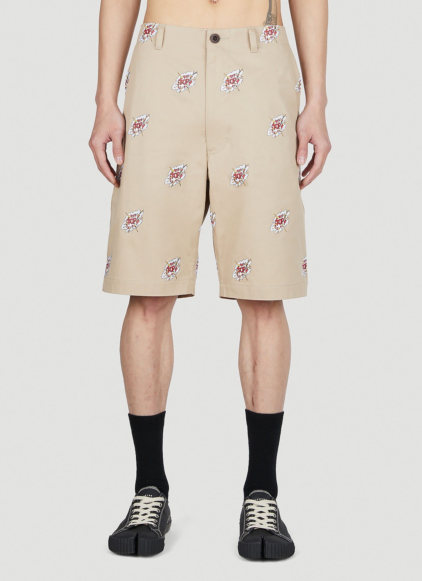 Junya Watanabe Graphic-print Cotton Shorts In Beige