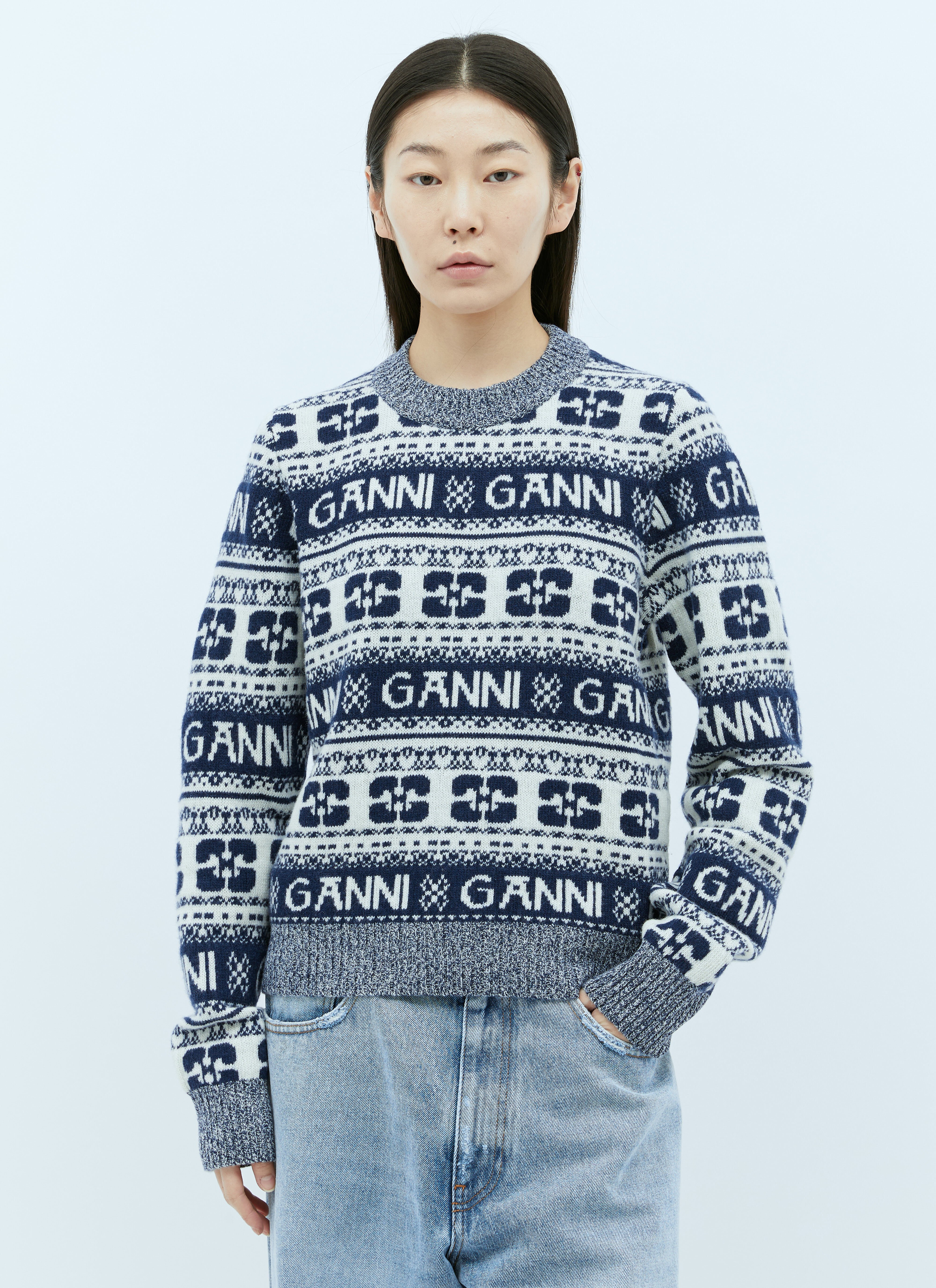 GANNI Logo Jacquard Wool Sweater Grey gan0255025