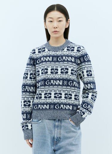 GANNI Logo Jacquard Wool Sweater Blue gan0255027