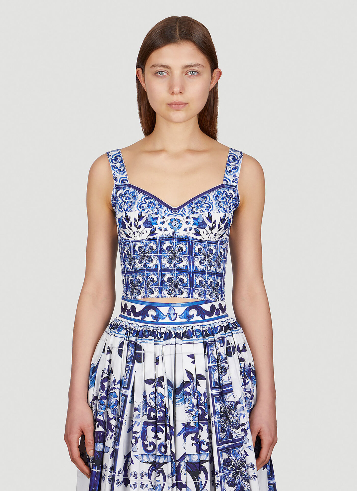 Dolce & Gabbana Majolica-print Charmeuse Top In Blue