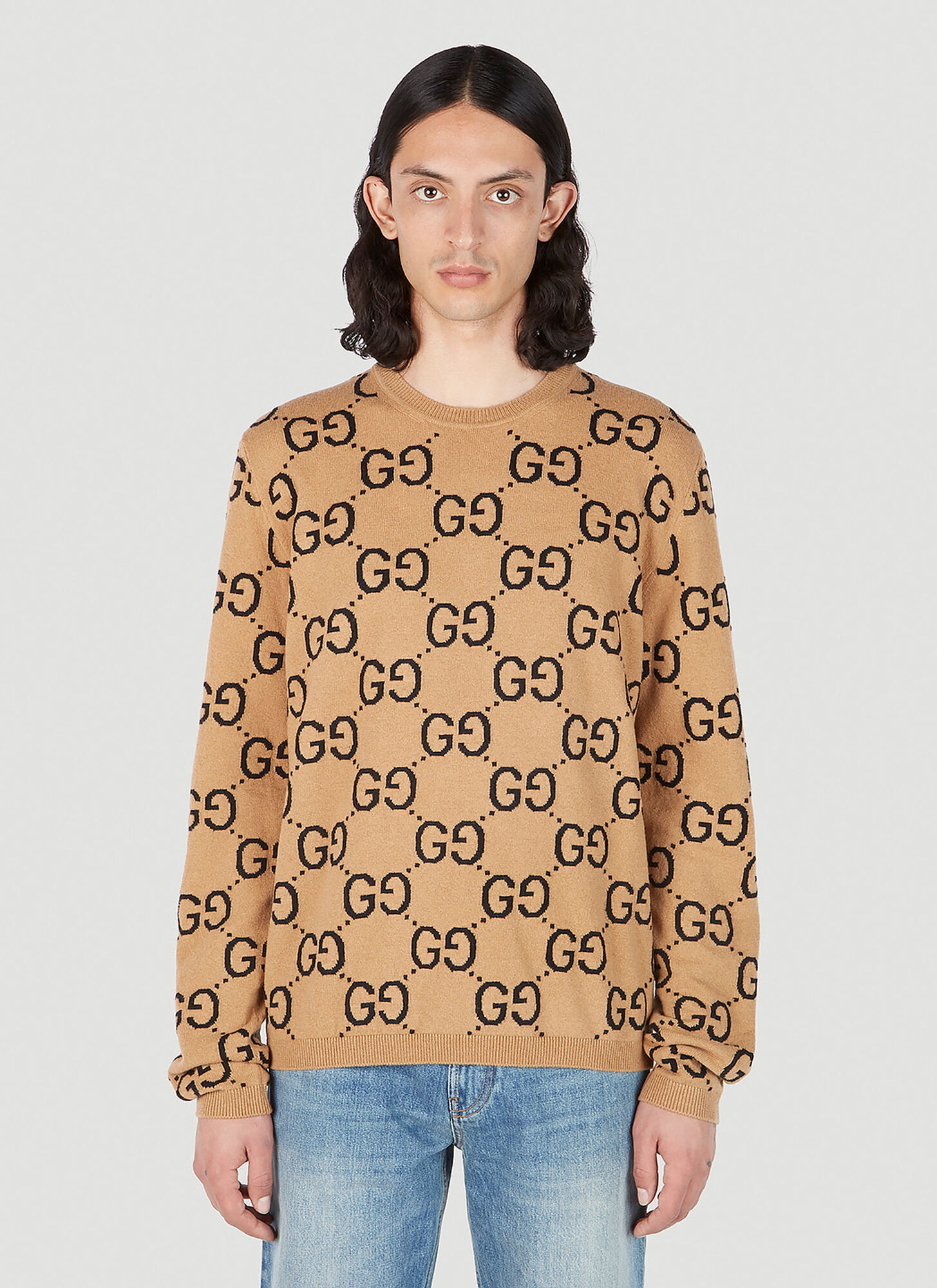 GG wool jacquard sweater in green and camel