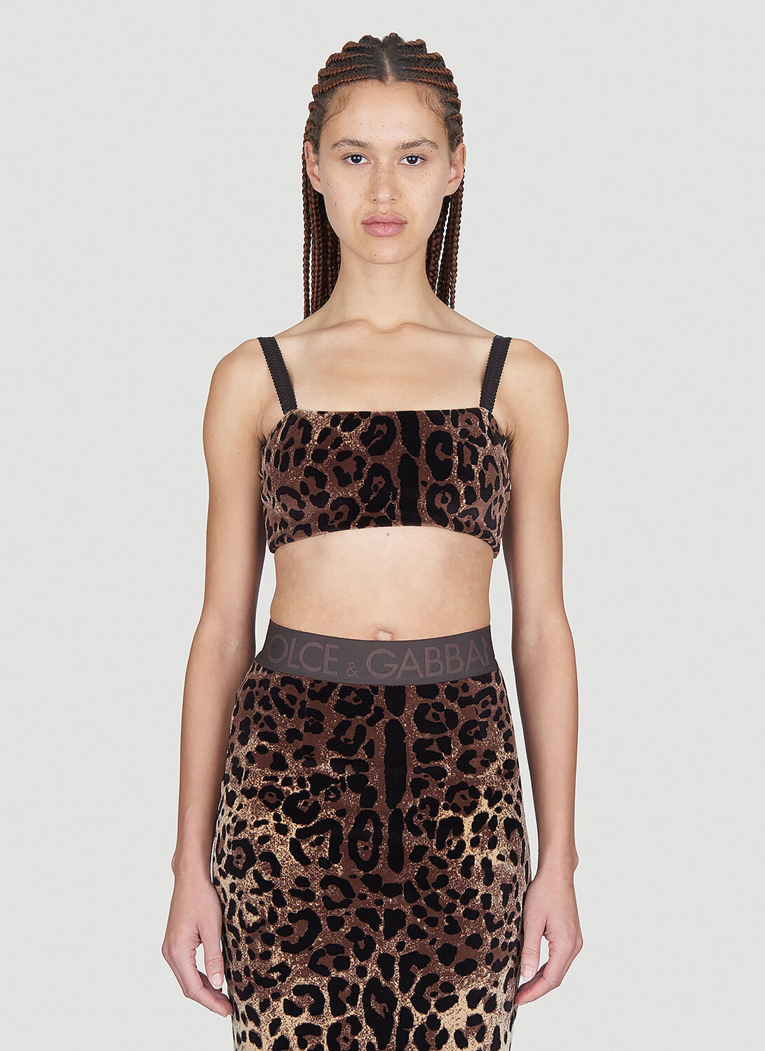 Dolce & Gabbana Cropped Leopard-jacquard Cotton-blend Chenille Top In Brown