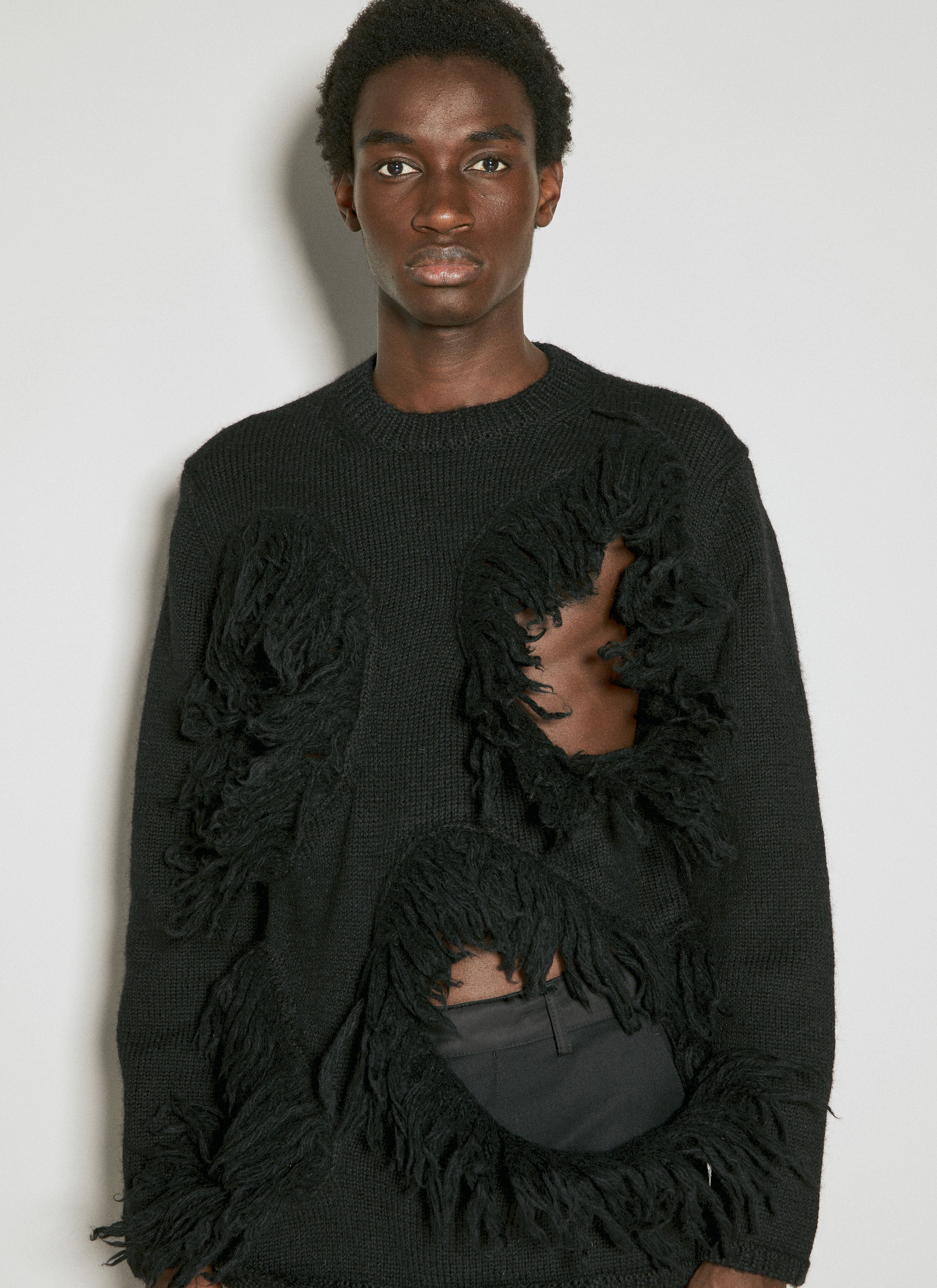 Comme des Garçons Homme Plus Cut-Out Wool Sweater With Tassle Edge Black hpl0154007