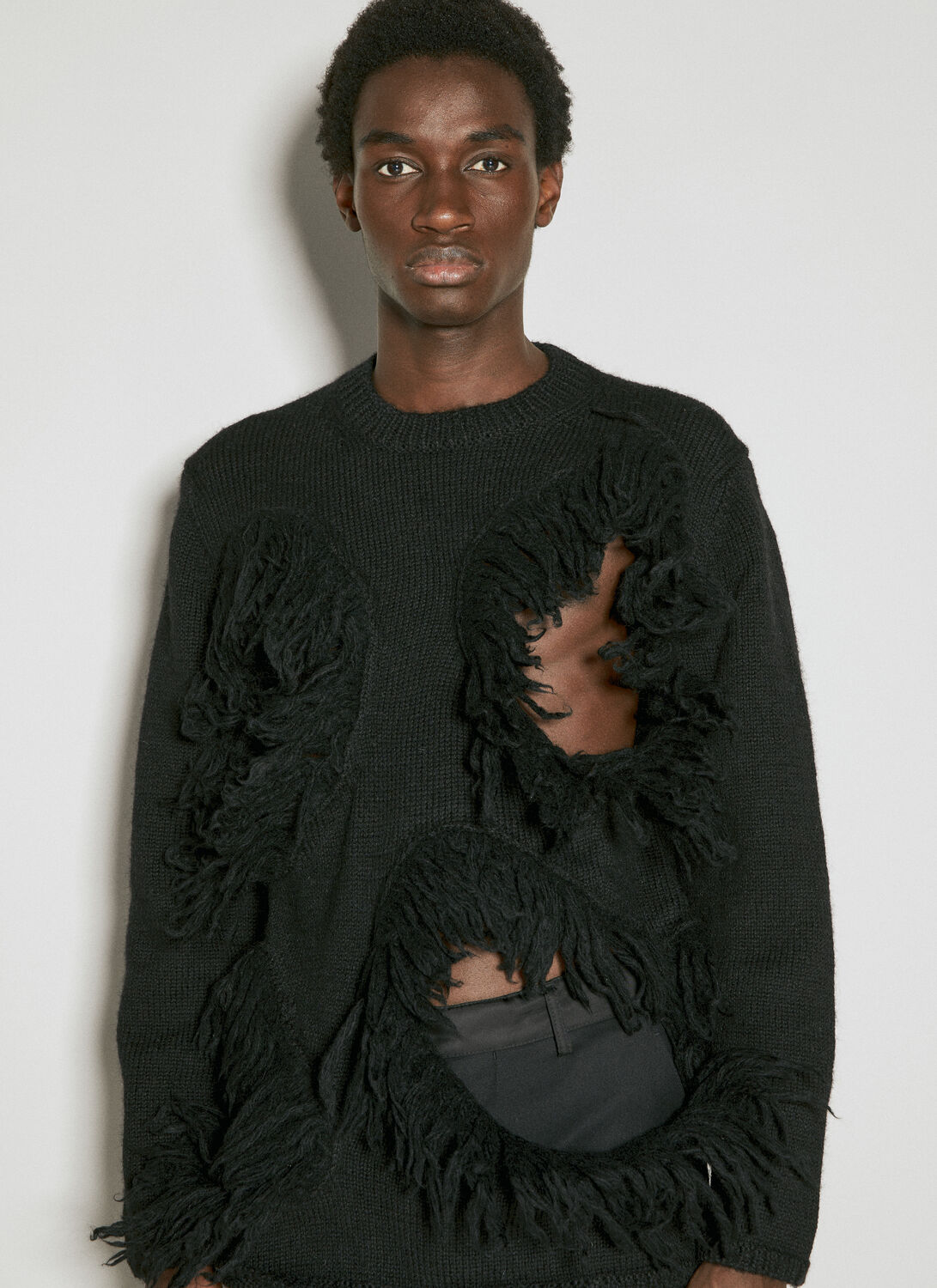 Comme Des Garçons Homme Deux Cut-out Wool Sweater With Tassle Edge In Black