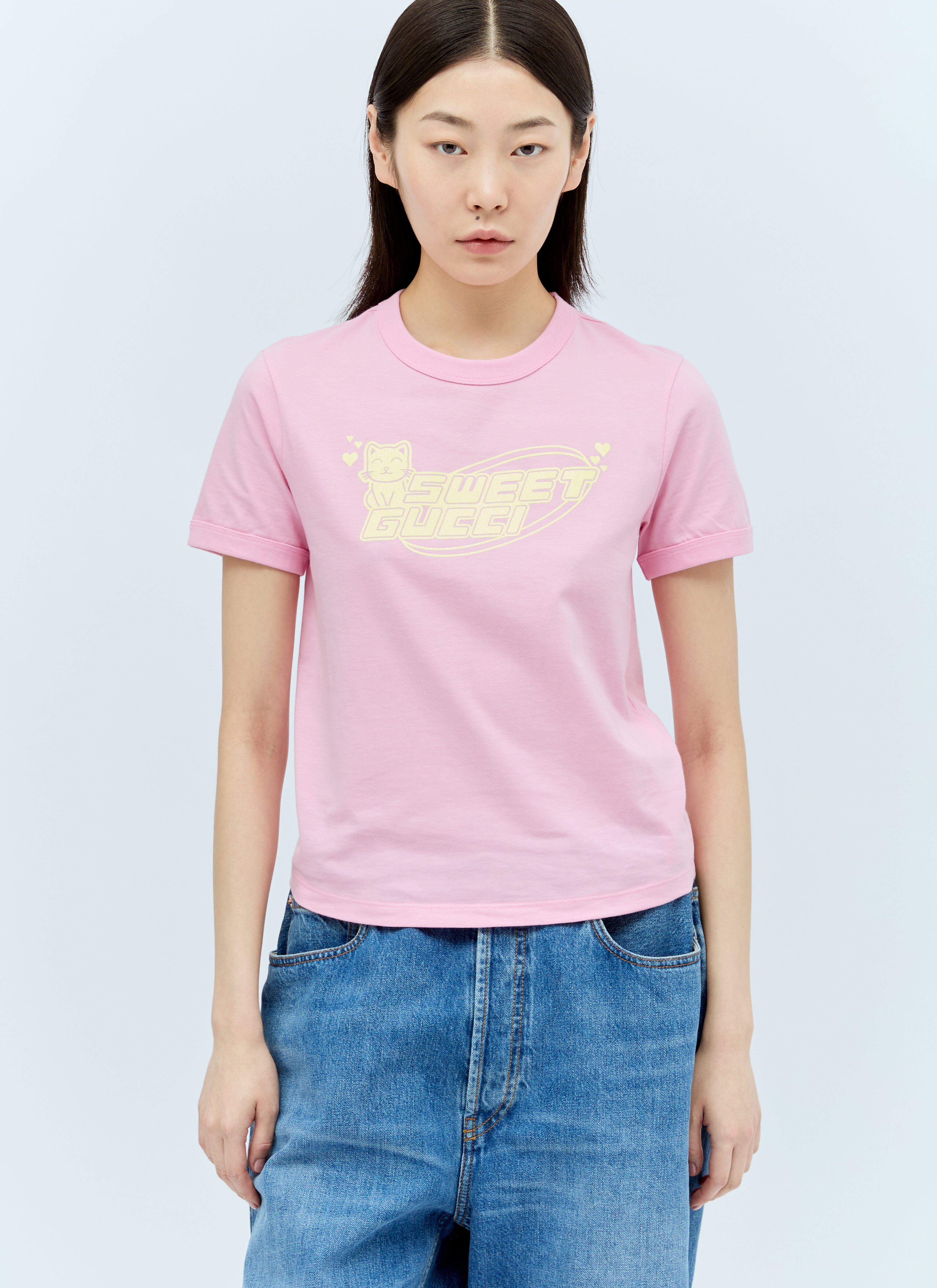 Gucci 图案贴花 T 恤 粉色 guc0255055