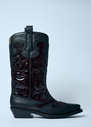 GANNI Mid Shaft Embroidered Western Boots Black gan0259089
