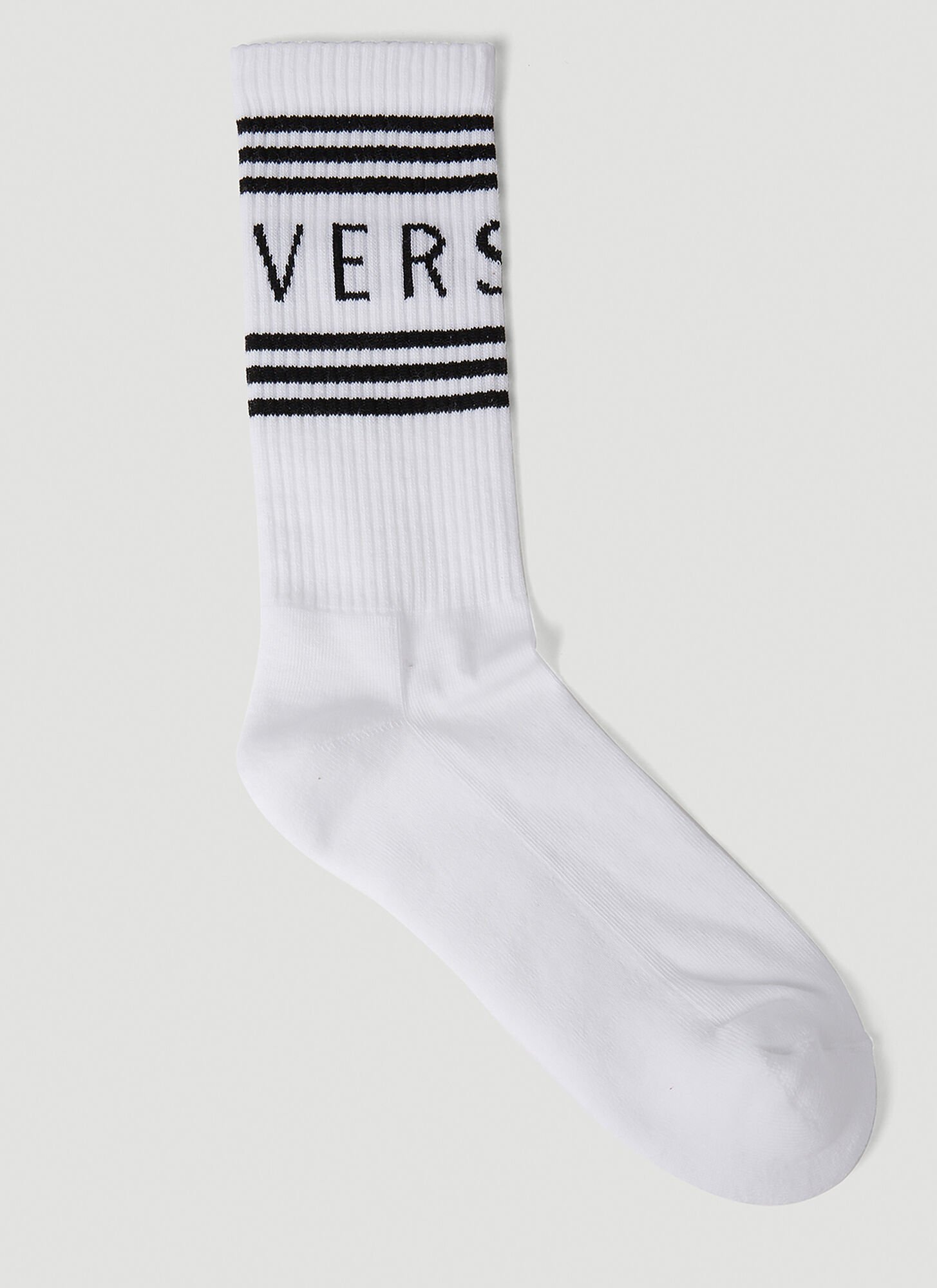 Shop Versace Logo Intarsia Athletic Socks In White