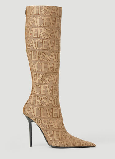 Versace Logo Jacquard High Heeled Boots Beige vrs0253026