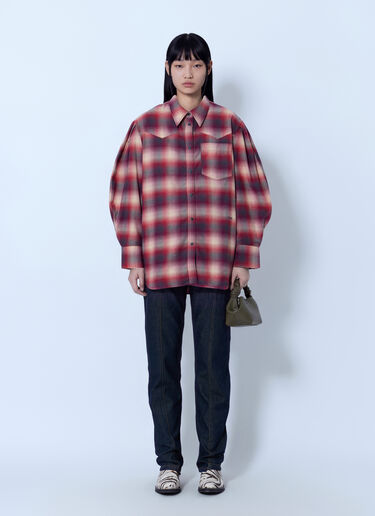 LN-CC® - GANNI: Cotton Flannel Check Pleated Sleeve Shirt - Purple GANNI Cotton Flannel Check Pleated Sleeve Shirt Purple gan0265005