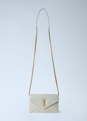 Saint Laurent Cassandre Envelope Chain Wallet In Grain De Poudre Leather White sla0265086