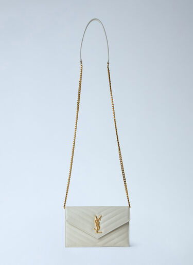 LN-CC® - Saint Laurent: Cassandre Envelope Chain Wallet In Grain De Poudre Leather - White Saint Laurent Cassandre Envelope Chain Wallet In Grain De Poudre Leather White sla0265086
