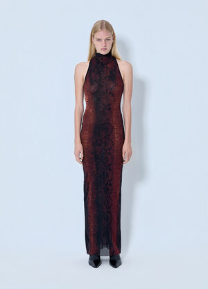 Jean Paul Gaultier Mesh High Neck Python Printed Long Dress Brown jpg0264001