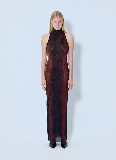 Jean Paul Gaultier Mesh High Neck Python Printed Long Dress Brown jpg0264001