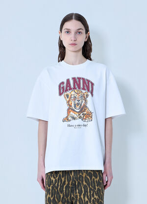GANNI Heavy Cotton Beaded Baby Tiger Print T-Shirt White gan0263007