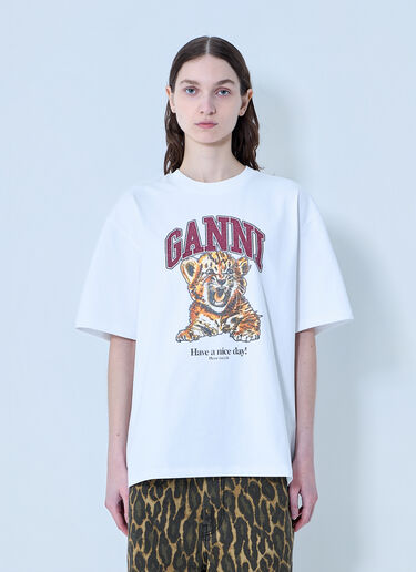 GANNI Heavy Cotton Beaded Baby Tiger Print T-Shirt White gan0263007