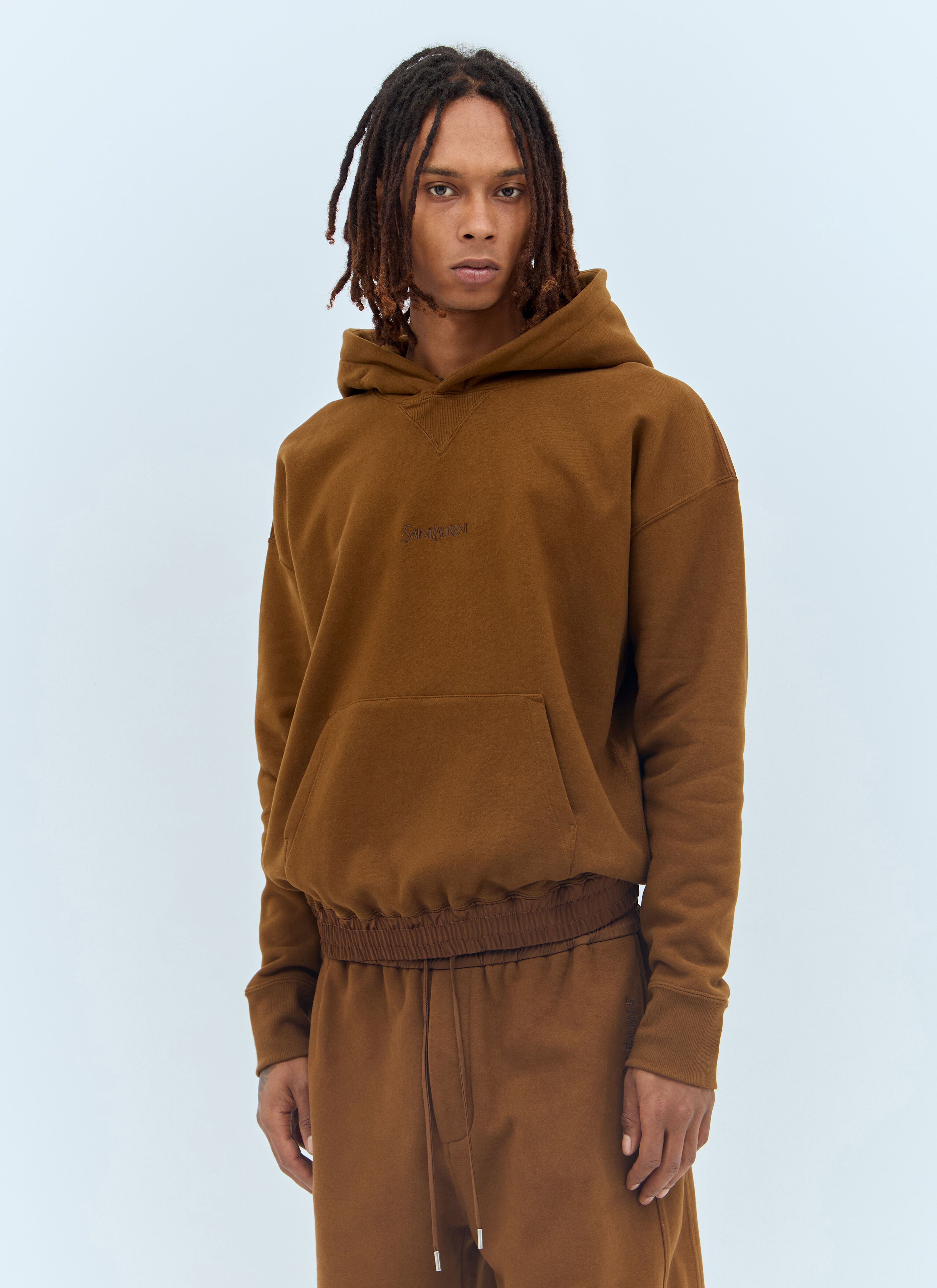 Saint Laurent Men s Logo Embroidery Hooded Sweatshirt in Brown LN CC