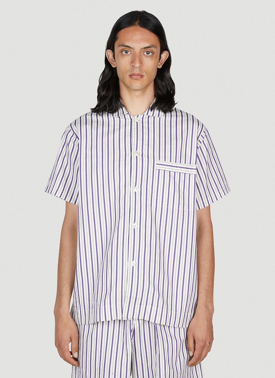 Tekla Lido Stripe Short Sleeve Pyjama Shirt Black tek0355017