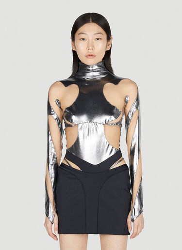 Mugler Metallic Cut Out Illusion Bodysuit Silver mug0251037