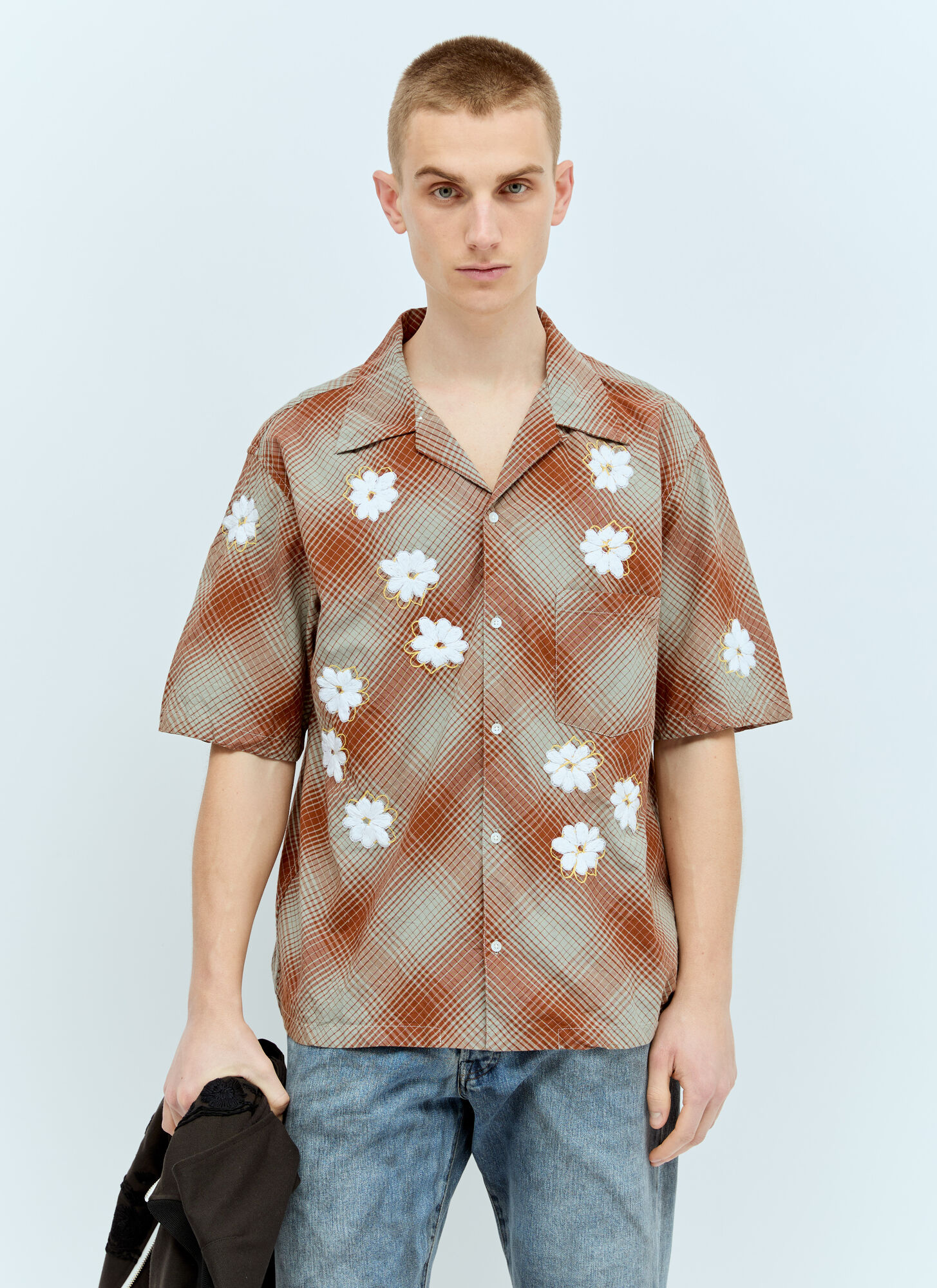 Shop Noma T.d. Hand-embroidery Ombre Plaid Shirt In Brown