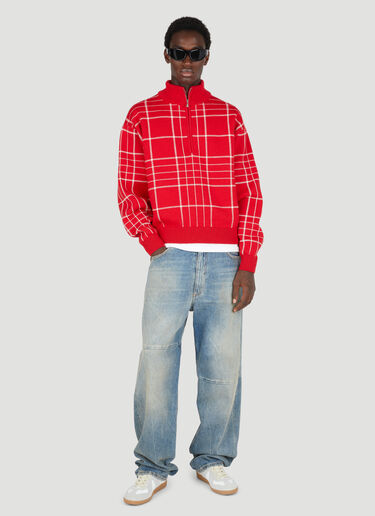 Jacquemus Quarter-Zip Check Knit Sweater Red jac0154009